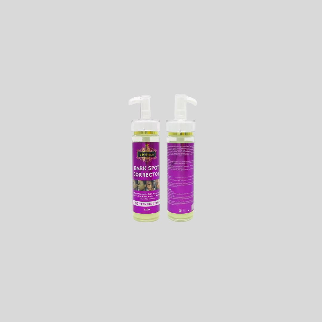 5D Gluta Brightening Serum 120ml formulated with Kojic Acid, Lactic Acid, and Salicylic Acid for brightening dark spots and achieving a radiant skin tone.