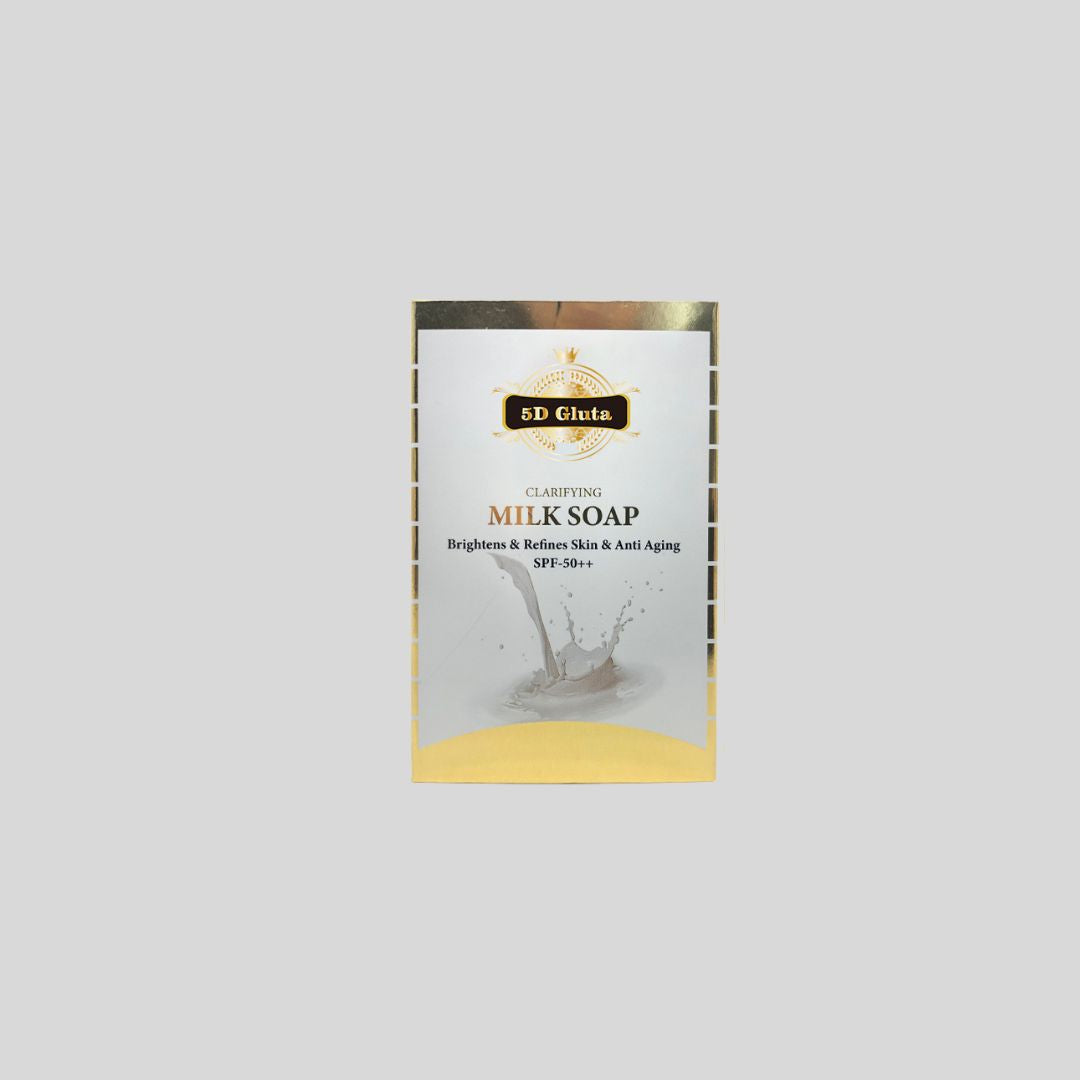 5D Gluta Clarifying Milk Soap (250g) designed to brighten, exfoliate, and reduce signs of aging, formulated with Goat Milk and Shea Butter, ideal for ethnic skin.
