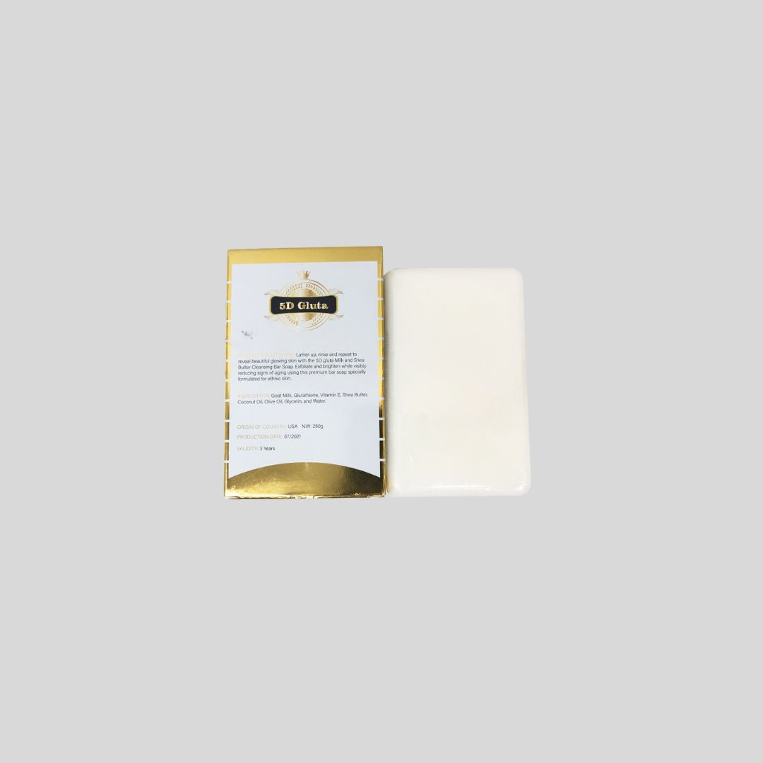 5D Gluta Clarifying Milk Soap showing the luxurious formula with Goat Milk, Shea Butter, and Glutathione, perfect for exfoliating and brightening ethnic skin.