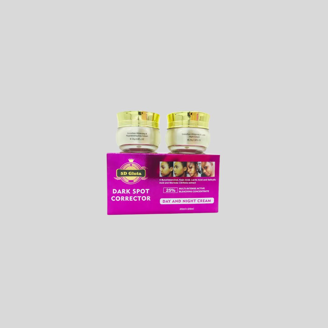 5D Gluta Day & Night Cream 25g+25g with Multi-Intense Active Bleaching Concentrate and Kojic Acid to reduce dark spots, sun spots, and dullness.