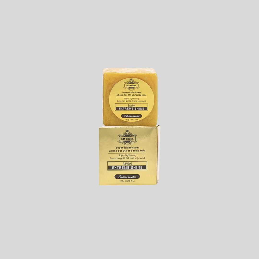 5D Gluta EXTREME SHINE Soap 250g with Apple Extract and Vitamin C, designed to cleanse, brighten, and hydrate skin, promoting an even skin tone.