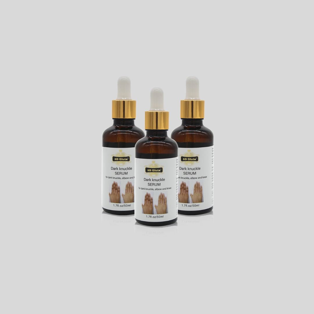 5D Gluta Set of three bottles of Melanin Removal Serum, each designed to target dark spots on fingers, toes, and knuckles, with key ingredients like Glutathione and Arbutin.
