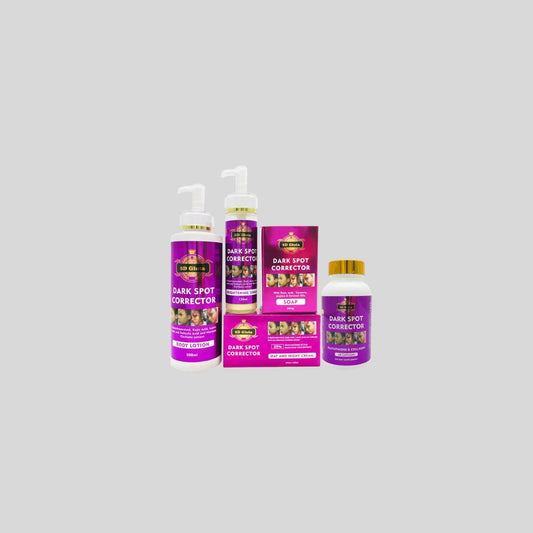 5D Gluta Skin Brightening Set containing Body Lotion, Brightening Serum, Day & Night Cream, and Soap, formulated to reduce dark spots, acne marks, and even skin tone.
