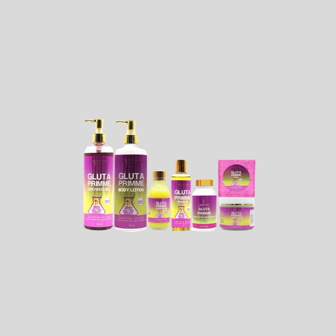 5D Gluta Thailand Gluta Primme Collagen and Glutathione Whitening Skin Set includes shower gel, body lotion, body oil, facial cream, facial serum, soap, and capsules. Enriched with collagen, glutathione, vitamin C, hyaluronic acid, and alpha-arbutin to brighten, nourish, and resist skin aging.