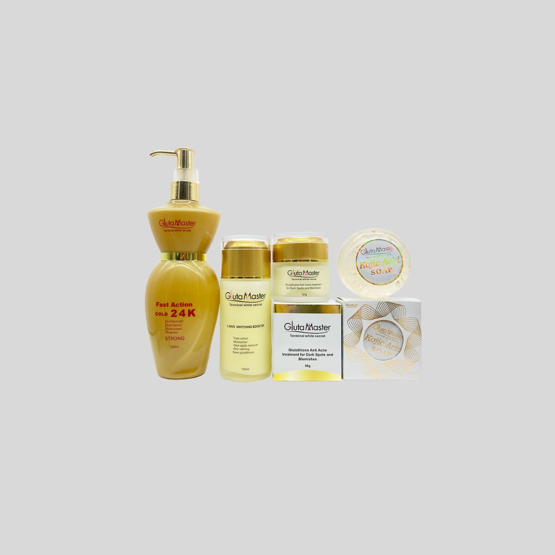 Gluta Master 24K Gold Kojic Acid Skincare Set, featuring a 24K Gold Body Lotion, Whitening Serum, Kojic Acid Soap, and Acne Face Cream, designed to brighten skin, remove dark spots, boost collagen, and treat acne. Ideal for clearer, smoother, and more radiant skin.