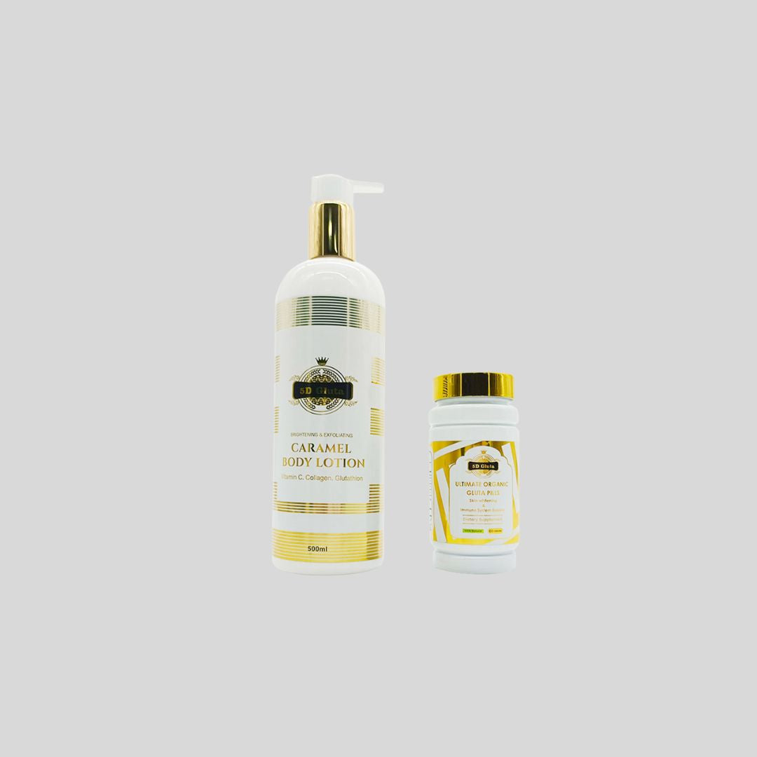 Glutamaster Skin Whitening Set featuring Vitamin C, Collagen, and Glutathione, for brightening and moisturizing dark skin, promoting an even and healthy complexion.