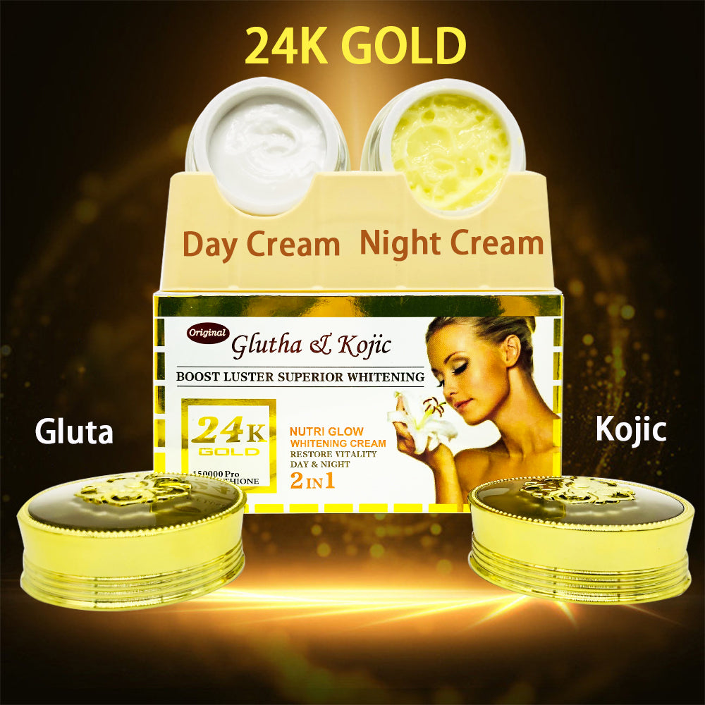 24K Gold Gluta & Kojic Whitening Face Cream Remove Melanin Pimple Anti-Aging Antioxidants 25g+25g