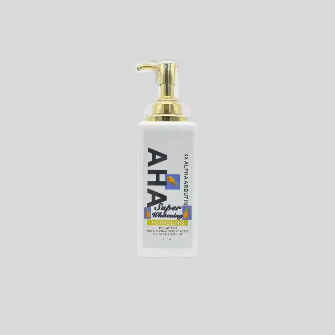 3X Arbutin AHA Super Whitening Body Lotion nourishes, brightens, and firms the skin, reducing wrinkles and hyperpigmentation for a smooth, youthful complexion.