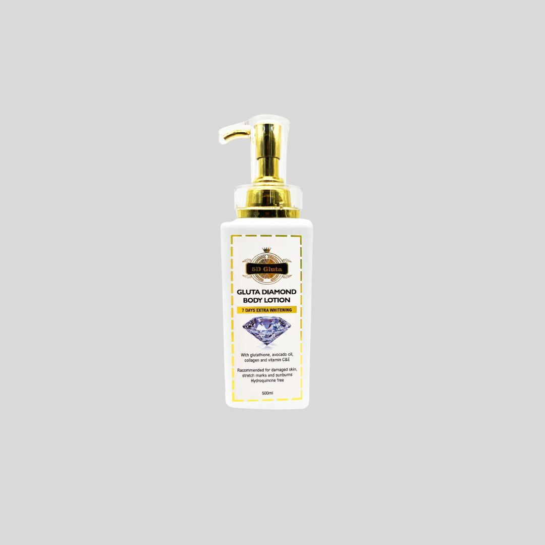 5D Gluta Diamond Body Lotion designed to whiten and brighten skin in 7 days, enriched with Glutathione, Avocado Oil, Vitamin C & E to promote even skin tone and combat aging effects.