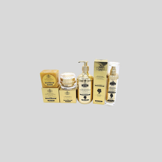 5D Gluta EXTREME SHINE Skincare Set with Lotion, Serum, Cream, and Soap for brightening skin tone, reducing pigmentation, and maintaining radiant glow.