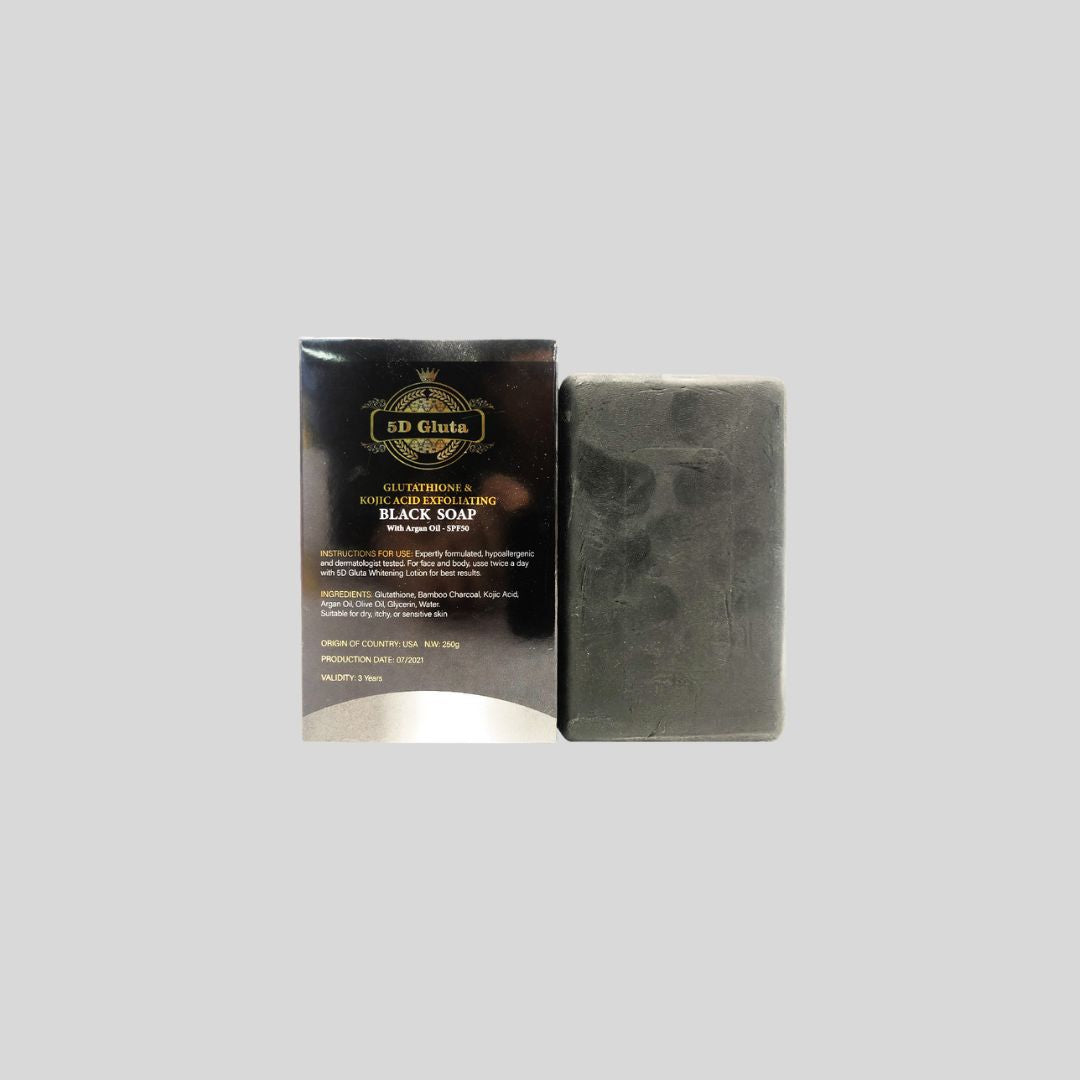 5D Gluta Exfoliating Black Soap 250g with Bamboo Charcoal, Argan Oil, and Kojic Acid, designed to exfoliate skin, treat acne, and reduce the appearance of fine lines and dark spots.
