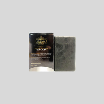 5D Gluta Exfoliating Black Soap 250g with Bamboo Charcoal, Argan Oil, and Kojic Acid, designed to exfoliate skin, treat acne, and reduce the appearance of fine lines and dark spots.