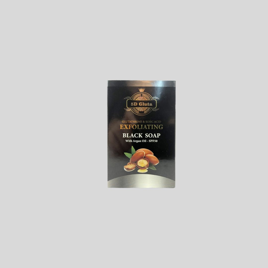 5D Gluta Exfoliating Black Soap 250g enriched with Glutathione, Bamboo Charcoal, and Kojic Acid, formulated to treat acne, reduce fine lines, and diminish dark spots for clearer skin.