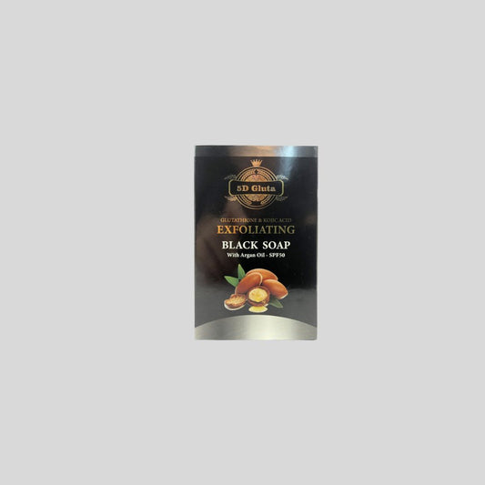 5D Gluta Exfoliating Black Soap 250g enriched with Glutathione, Bamboo Charcoal, and Kojic Acid, formulated to treat acne, reduce fine lines, and diminish dark spots for clearer skin.
