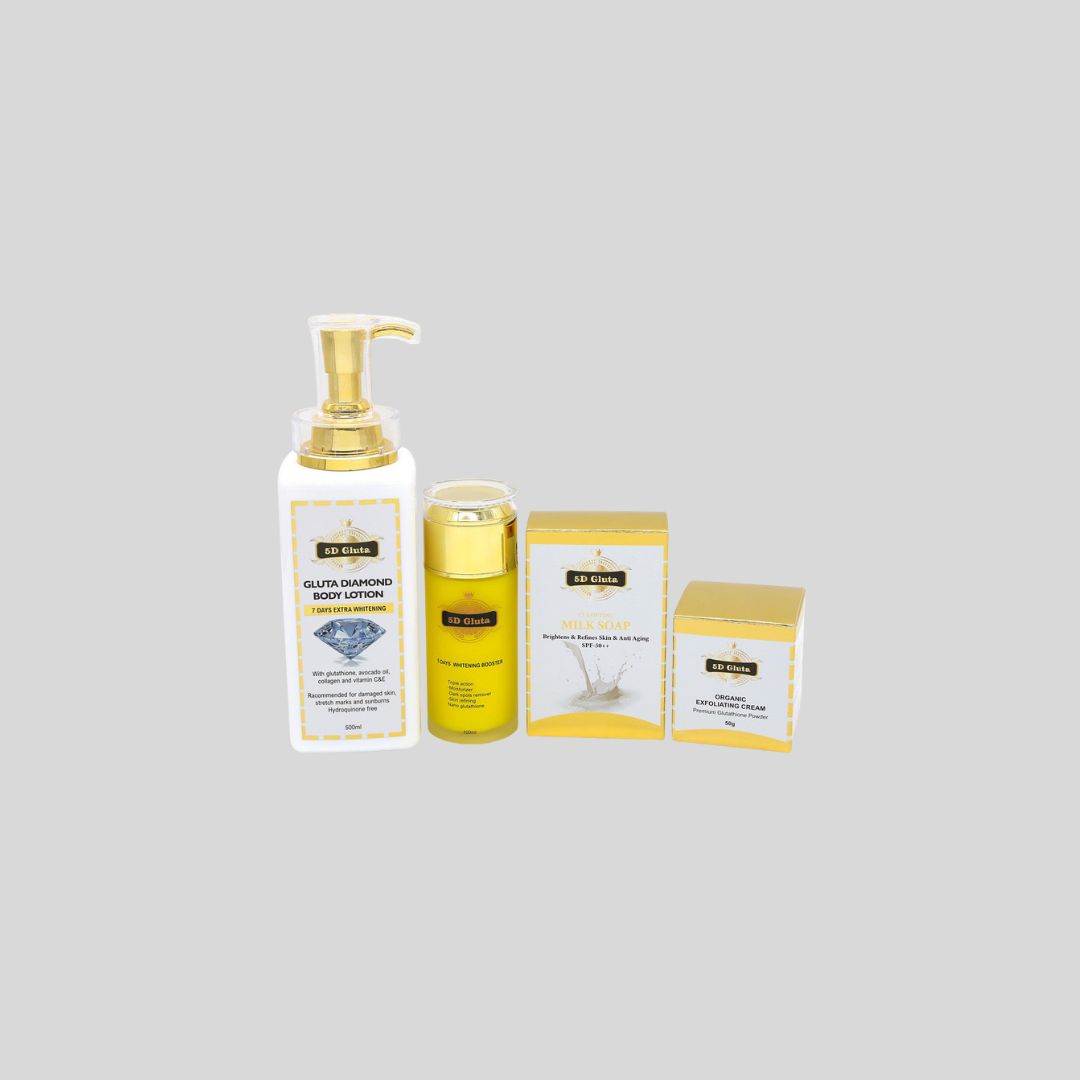 5D Gluta Whitening Skin Care Kit including Body Lotion, Cream, Soap, and Serum, designed for skin whitening, brightening, and promoting an even skin tone.