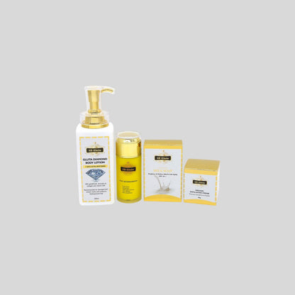 5D Gluta Whitening Skin Care Kit including Body Lotion, Cream, Soap, and Serum, designed for skin whitening, brightening, and promoting an even skin tone.