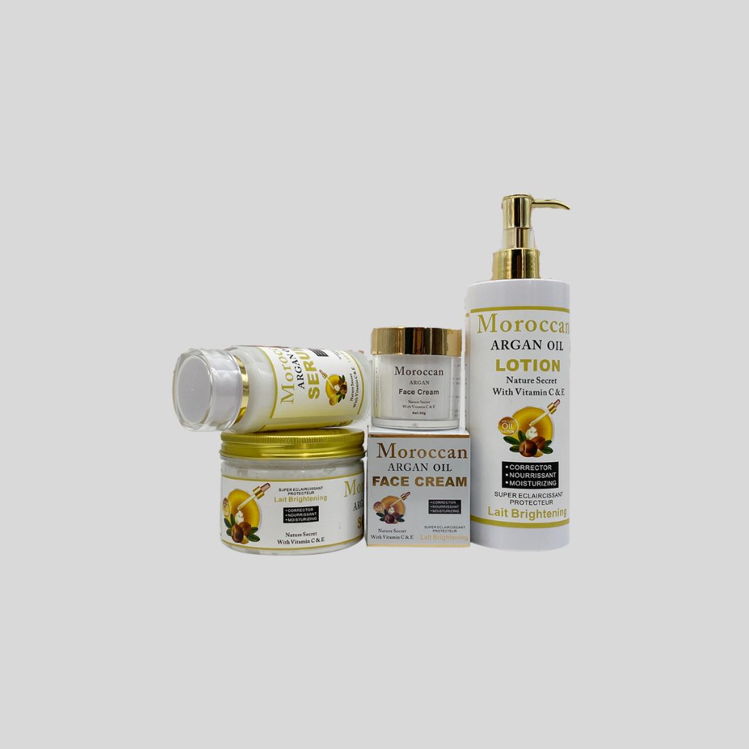 Argan Oil Dark Skin Care Set with Vitamin C & E designed to brighten, remove pigmentation, and combat signs of aging for dark skin tones.