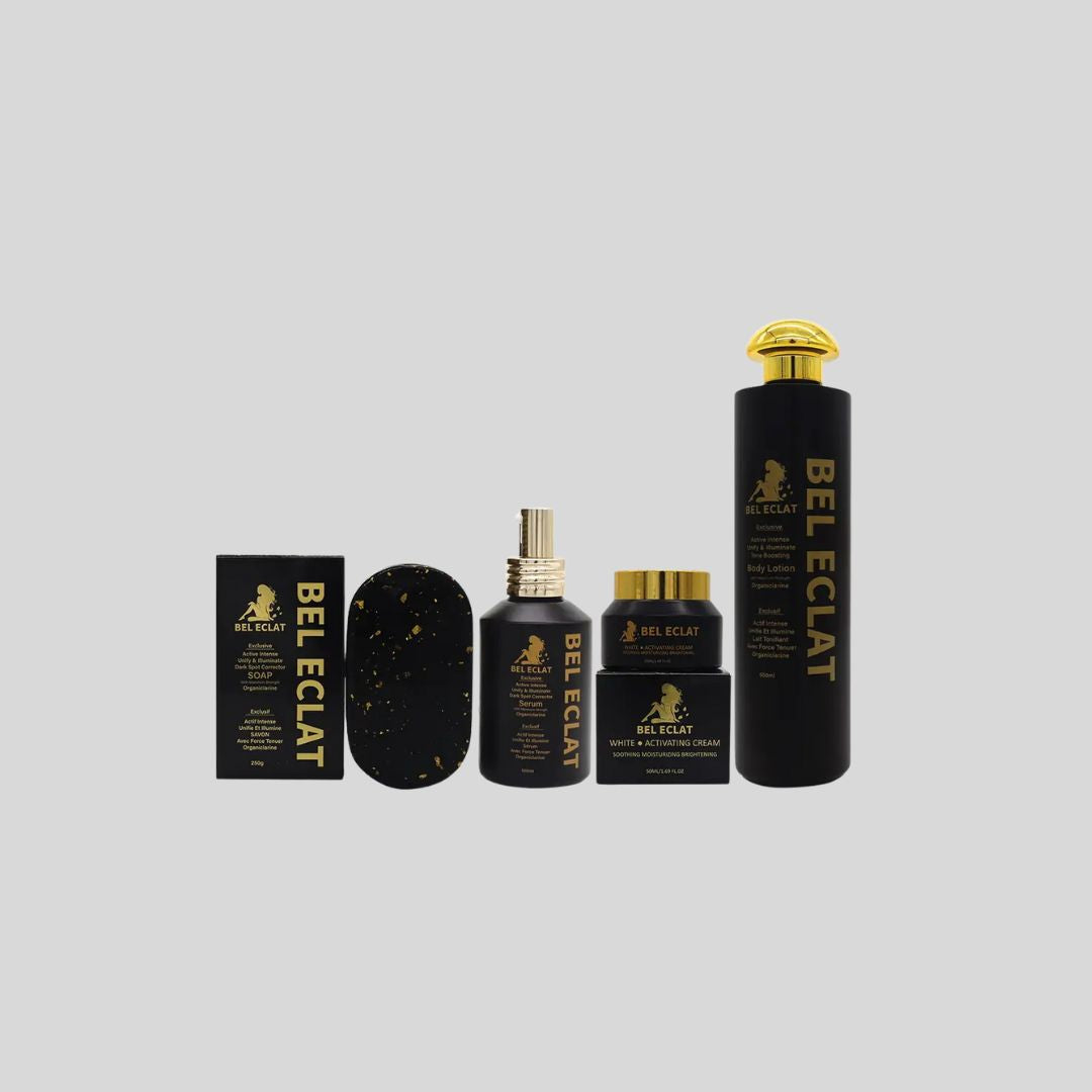 BEL ECLAT UNIFY & ILLUMINATE Skincare Set designed to brighten and even skin tone while reducing acne, dark spots, and hyperpigmentation for a glowing complexion.