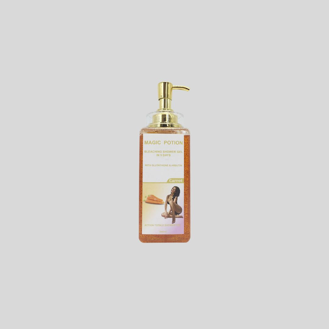 Bleaching Organic Shower Gel with Glutathione and Arbutin (500ml) exfoliates, whitens, and deeply cleanses the skin with carrot and papaya extracts for a radiant, fresh glow.