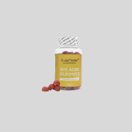 Bottle of 60 Vegan Gummies designed for acne removal, whitening, and hydration, with key ingredients like Vitamin C, Acacia Gum, and Coconut Oil.