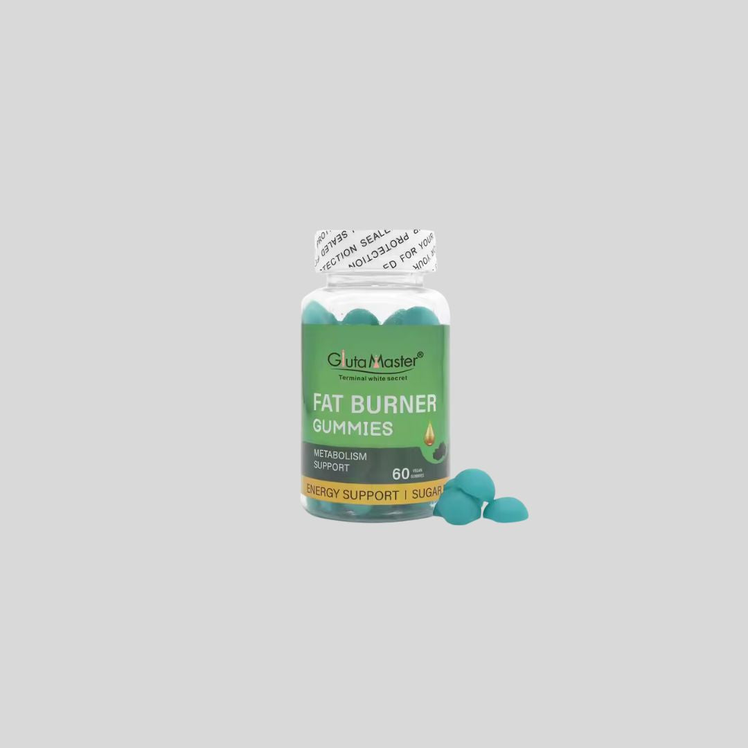 Fat Burner Gummies designed for weight loss, featuring natural ingredients like Green Tea Extract, Garcinia Extract, and Green Coffee Bean Extract for metabolism support, energy boost, and slimming, without added sugars.