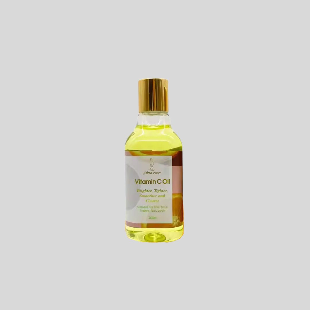 Gluta Coco Vitamin C Oil enriched with Vitamin C, Hyaluronic Acid, and Vitamin E, designed to brighten and hydrate skin, reduce sun spots and discoloration, and provide antioxidant protection. Suitable for hair, face, body, fingers, and feet.

