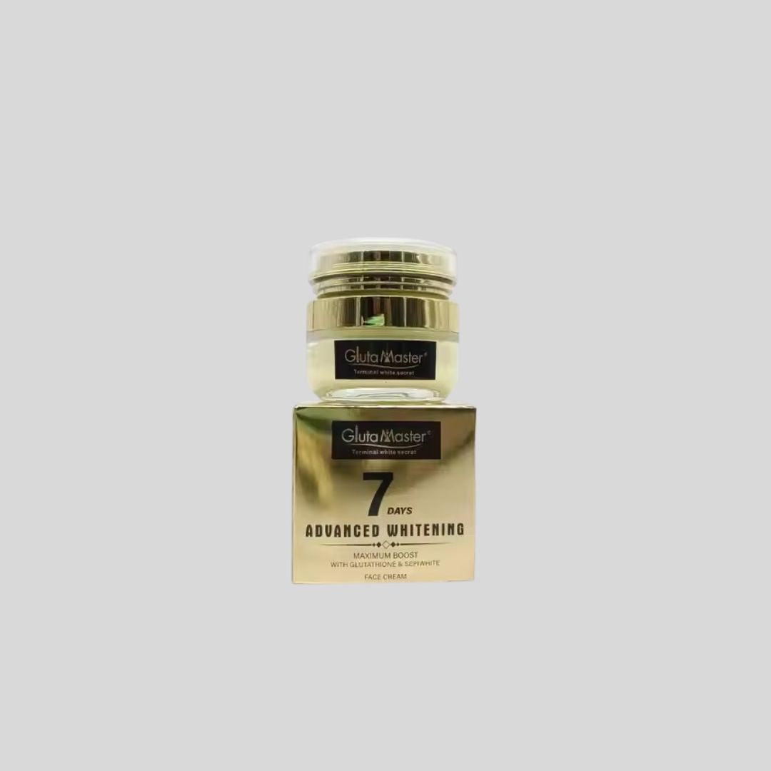 Gluta Master 7 Days Advance Whitening Anti-Aging & Wrinkle Face Cream, enriched with Glutathione, Sepiwhite, and SPF 30, designed to brighten skin, reduce wrinkles, and protect against sun damage. Results visible within 7 days.

