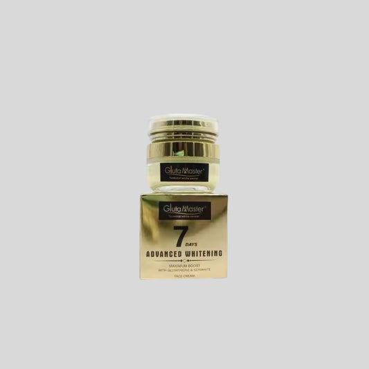 Gluta Master 7 Days Advance Whitening Anti-Aging & Wrinkle Face Cream, enriched with Glutathione, Sepiwhite, and SPF 30, designed to brighten skin, reduce wrinkles, and protect against sun damage. Results visible within 7 days.

