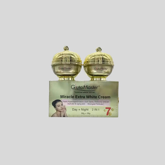 Gluta Master 7 Days Miracle Extra White Cream, a dual-action formula with day and night creams, designed to treat hyperpigmentation, remove dark spots, and brighten skin tone. Provides UV protection and rejuvenates overnight for a radiant complexion.

