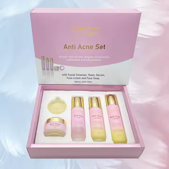 Gluta Master The Anti Acne Skin Care Set includes a cleanser, toner, serum, face cream, and soap, designed to fight acne, blackheads, pimples, and inflammation while promoting clearer, smoother skin.