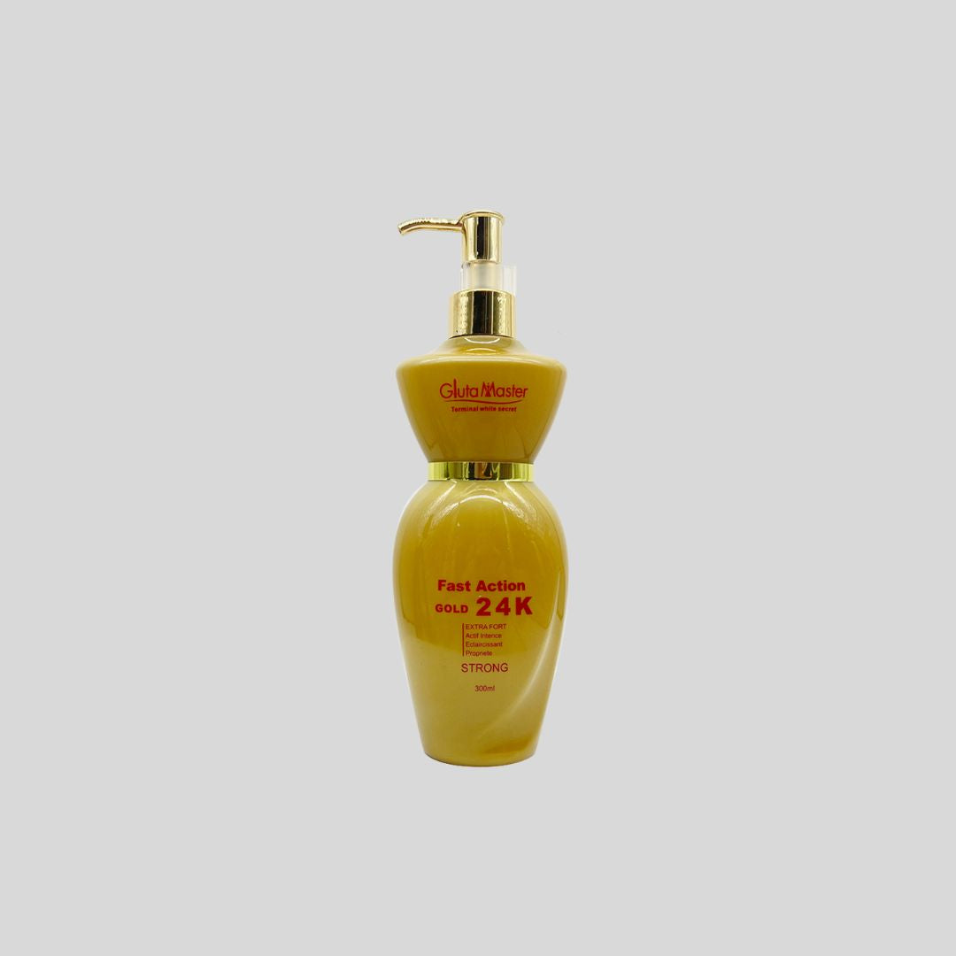 Gluta Master Extra 24k Gold Super Eclaircissant Body Lotion, enriched with 24,000g of Glutathione, Vitamin E, and Collagen, targets dark spots, stretch marks, and aging signs, delivering a smoother, brighter skin tone with a natural half-cast glow.

