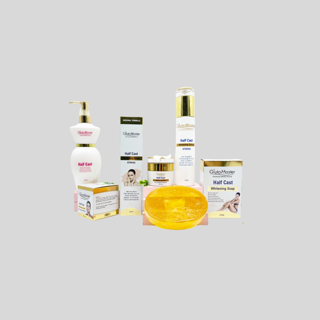 Gluta Master Half Cast Whitening Skincare Set includes Body Lotion, Serum, Soap, and Cream, formulated with Pure Glutathione, Vitamin E, Collagen, and other enriching ingredients to illuminate, smooth, and whiten skin while reducing scars, dark spots, and stretch marks.

