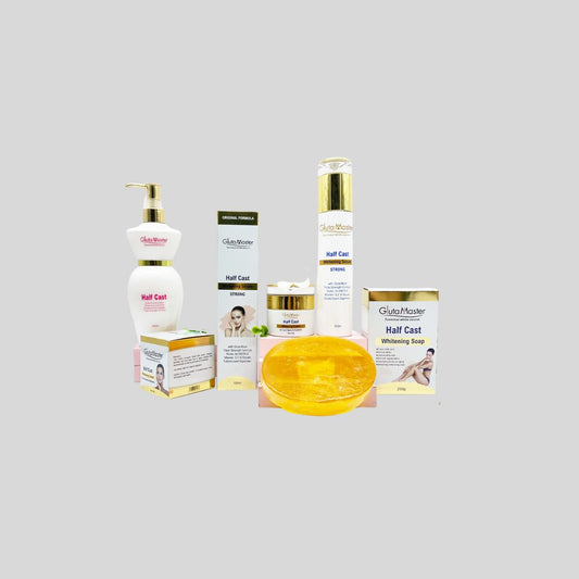Gluta Master Half Cast Whitening Skincare Set includes Body Lotion, Serum, Soap, and Cream, formulated with Pure Glutathione, Vitamin E, Collagen, and other enriching ingredients to illuminate, smooth, and whiten skin while reducing scars, dark spots, and stretch marks.

