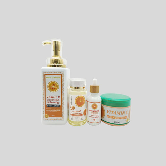 Gluta Master skincare set featuring Body Lotion, Serum, Oil, and Body Scrub, formulated with Vitamin C, Collagen, and Glutathione for skin whitening, brightening, deep hydration, and anti-aging benefits.