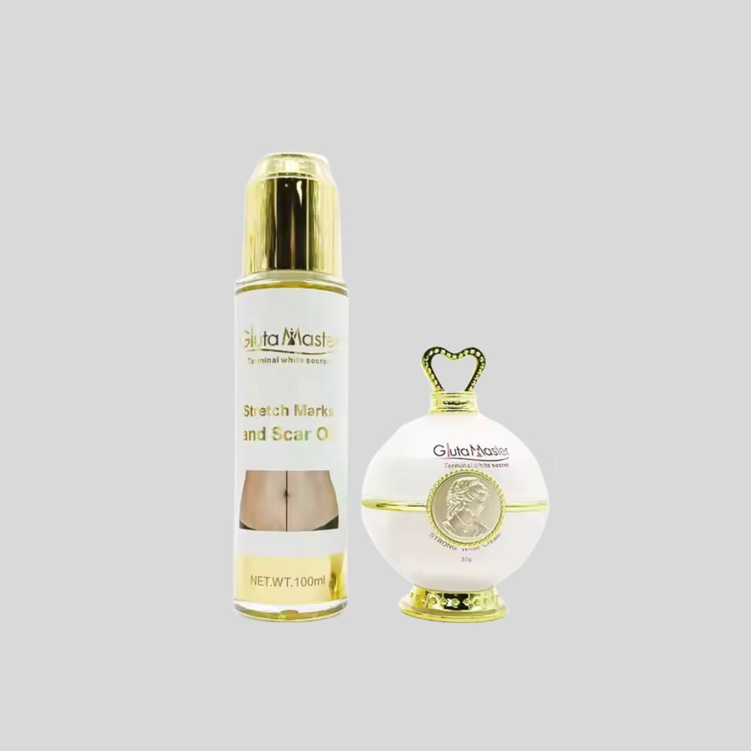 Gluta Master Stretch Marks and Scar Oil with a blend of Asarum, Mulberry Bark, Olive Oil, and Collagen to improve skin elasticity and fade scars. Perfect for daily use.