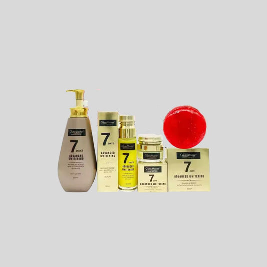 Gluta Master Whitening and Lightening Skincare Set featuring Body Lotion, Serum, Cream, and Soap, enriched with Glutathione, Sepiwhite, and Vitamin C to treat melanin, hyperpigmentation, and sun damage for a brighter, even complexion.

