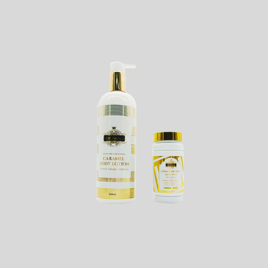 Glutamaster Skin Whitening Set featuring Vitamin C, Collagen, and Glutathione, for brightening and moisturizing dark skin, promoting an even and healthy complexion.
