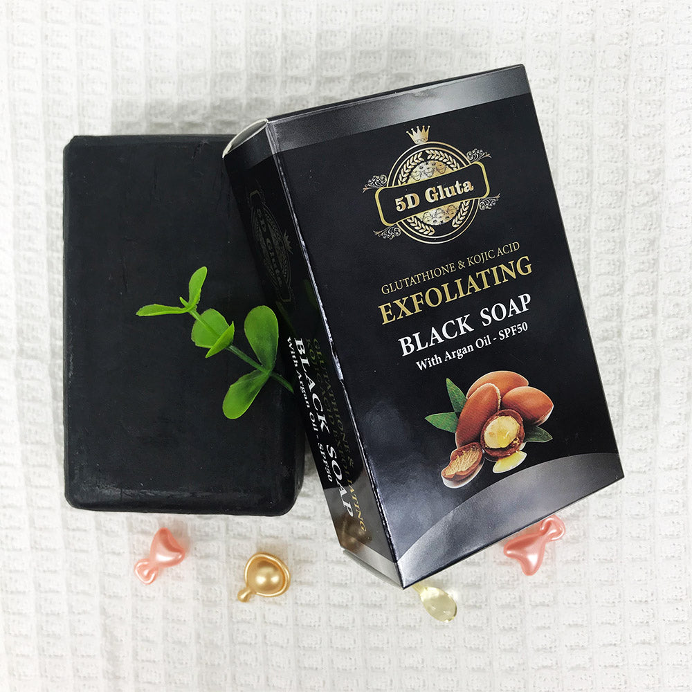 5D Gluta Exfoliating Black Soap with Glutathion Kojic Acid Argan Oil  Restore Blemish Prone Skin Treat Acne Reduce Fine Lines